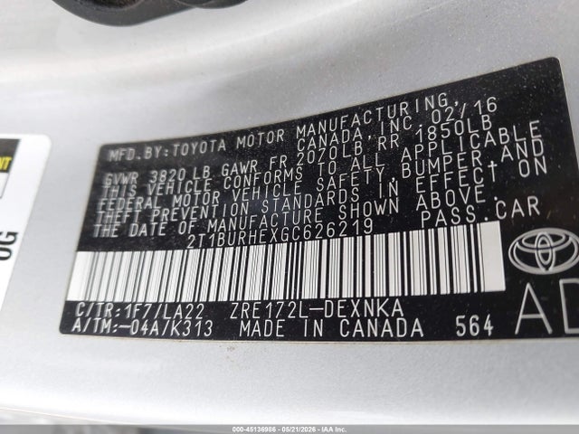 2016 Toyota Corolla Le Premium მანქანა იყიდება აუქციონზე, vin: 2T1BURHEXGC626219, აუქციონის ნომერი: 45136986