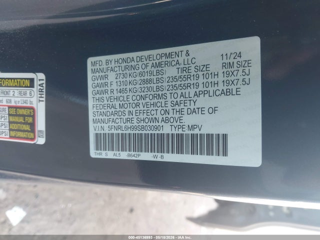 Aukcja sprzedaży 2025 Honda Odyssey Elite, vin: 5FNRL6H99SB030901, numer aukcji: 45136993