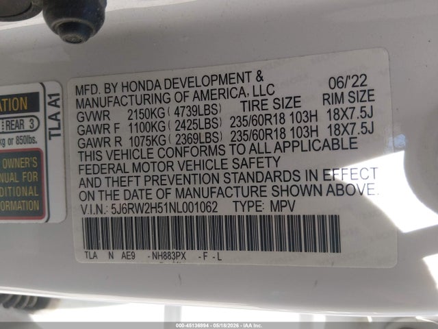 Auction sale of the 2022 Honda Cr-v Awd Ex, vin: 5J6RW2H51NL001062, lot number: 45136994
