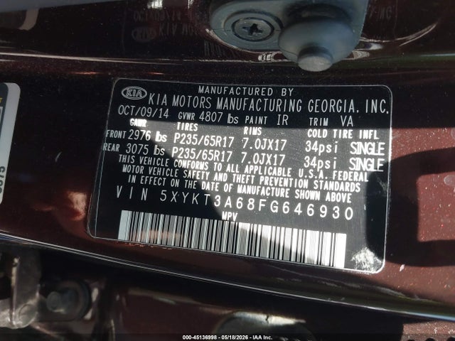 Aukcja sprzedaży 2015 Kia Sorento Lx, vin: 5XYKT3A68FG646930, numer aukcji: 45136998