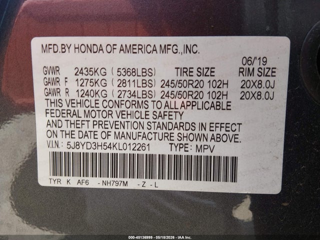 2019 Acura Mdx Tech Pkg მანქანა იყიდება აუქციონზე, vin: 5J8YD3H54KL012261, აუქციონის ნომერი: 45136999
