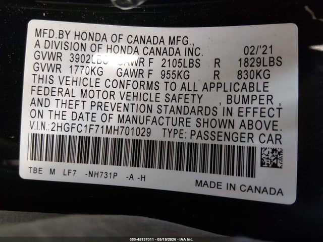 Aukcja sprzedaży 2021 Honda Civic Ex-l, vin: 2HGFC1F71MH701029, numer aukcji: 45137011
