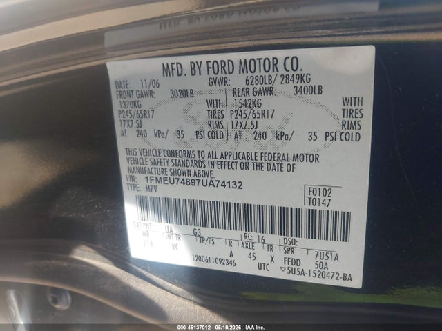 2007 Ford Explorer Eddie Bauer მანქანა იყიდება აუქციონზე, vin: 1FMEU74897UA74132, აუქციონის ნომერი: 45137012