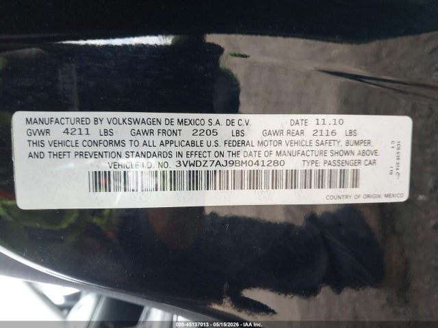 Продаж на аукціоні авто 2011 Volkswagen Jetta 2.5l Se, vin: 3VWDZ7AJ9BM041280, номер лоту: 45137013