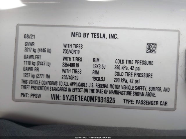 Aukcja sprzedaży 2021 Tesla Model 3 Standard Range Plus Rear-wheel Drive, vin: 5YJ3E1EA0MF031925, numer aukcji: 45137017