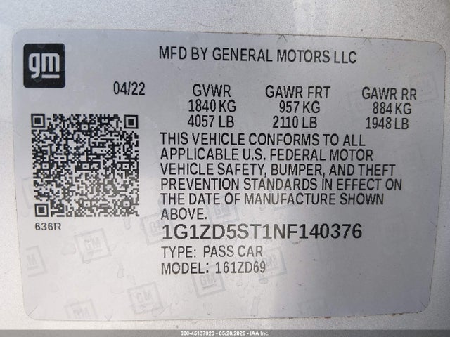 2022 Chevrolet Malibu Fwd Lt მანქანა იყიდება აუქციონზე, vin: 1G1ZD5ST1NF140376, აუქციონის ნომერი: 45137020
