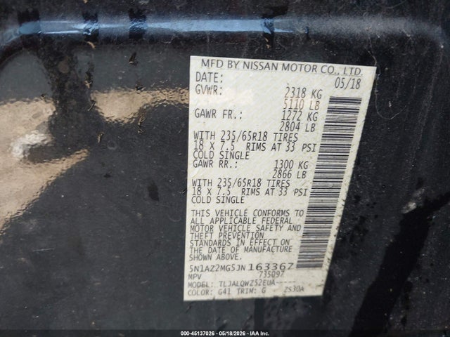 Продаж на аукціоні авто 2018 Nissan Murano Sv, vin: 5N1AZ2MG5JN163367, номер лоту: 45137026