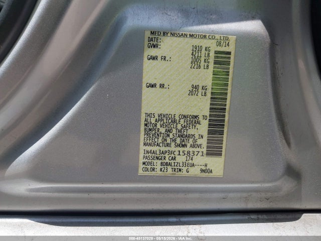 Aukcja sprzedaży 2015 Nissan Altima 2.5 Sv, vin: 1N4AL3AP3FC158371, numer aukcji: 45137028