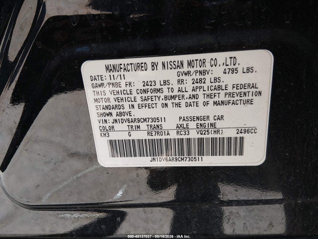 Auction sale of the 2012 Infiniti G25x, vin: JN1DV6AR9CM730511, lot number: 45137037