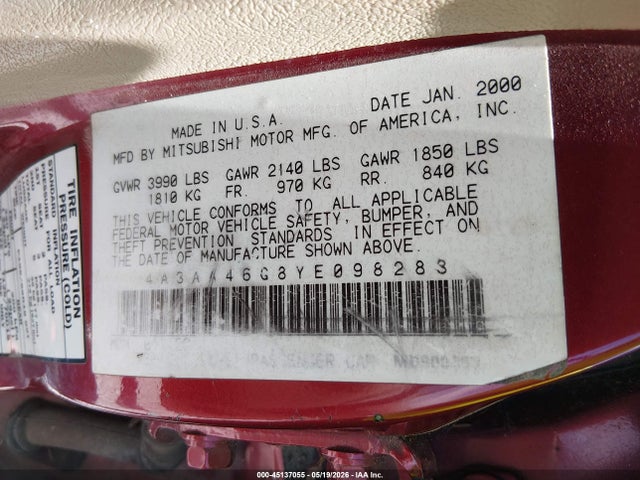 Aukcja sprzedaży 2000 Mitsubishi Galant Es, vin: 4A3AA46G8YE098283, numer aukcji: 45137055