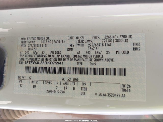 2024 Ford F-150 Xlt მანქანა იყიდება აუქციონზე, vin: 1FTFW3L88RKD75941, აუქციონის ნომერი: 45137063