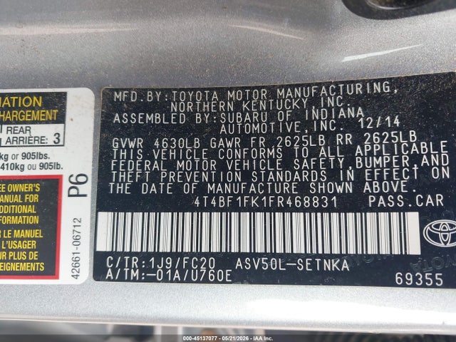 Toyota CAMRY LE 2015 4T4BF1FK1FR468831 Image 9