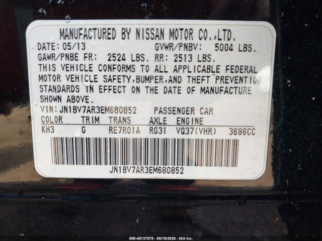 45137078 :رقم المزاد ، JN1BV7AR3EM680852 vin ، 2014 Infiniti Q50 Premium مزاد بيع