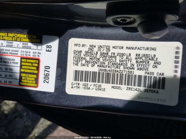 Aukcja sprzedaży 2010 Toyota Corolla Le, vin: 1NXBU4EE8AZ271581, numer aukcji: 45137083