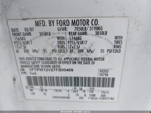 Продажа на аукционе авто 2007 Ford F-150 Lariat/xlt, vin: 1FTPW12V27FB00409, номер лота: 45137090
