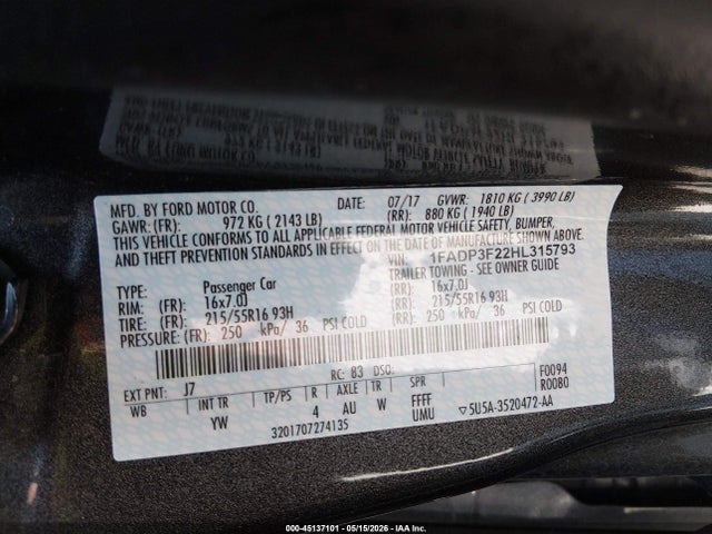 Продажа на аукционе авто 2017 Ford Focus Se, vin: 1FADP3F22HL315793, номер лота: 45137101