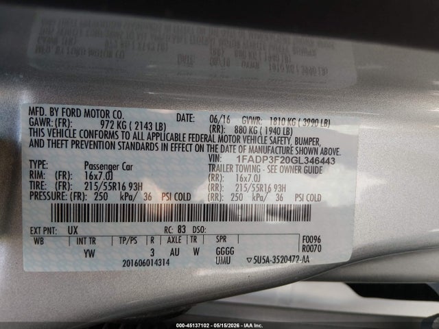 Продажа на аукционе авто 2016 Ford Focus Se, vin: 1FADP3F20GL346443, номер лота: 45137102