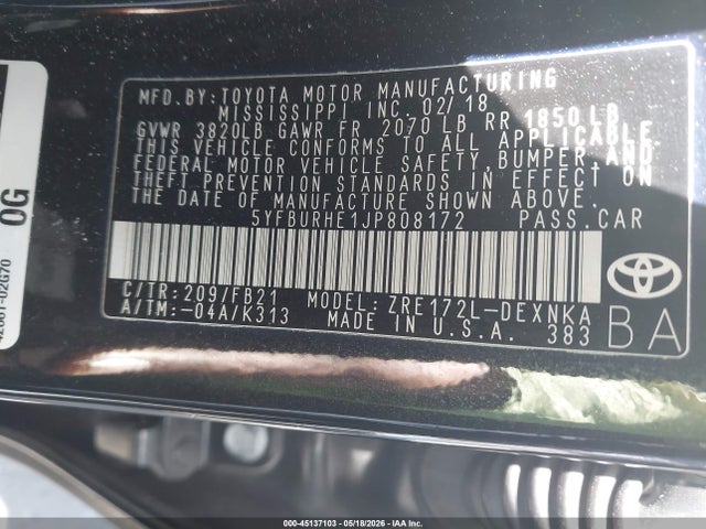 5YFBURHE1JP808172 Toyota COROLLA LE
