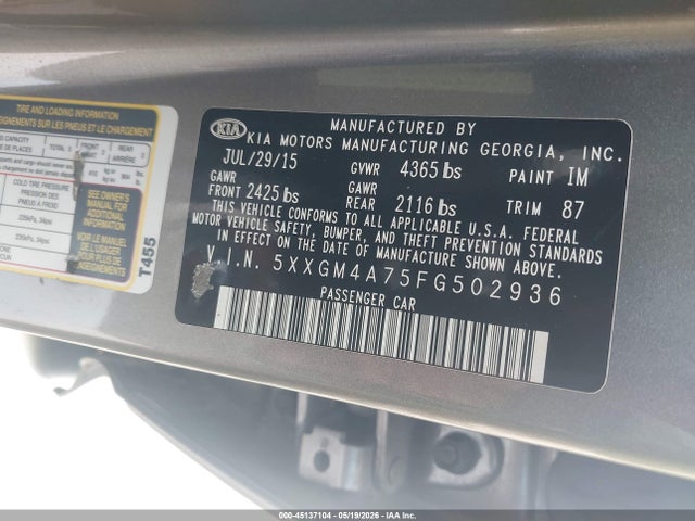 45137104 :رقم المزاد ، 5XXGM4A75FG502936 vin ، 2015 Kia Optima Lx مزاد بيع