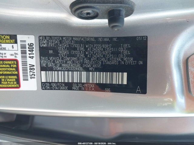 2012 Toyota Sienna Le V6 8 Passenger მანქანა იყიდება აუქციონზე, vin: 5TDKK3DC7CS224439, აუქციონის ნომერი: 45137109