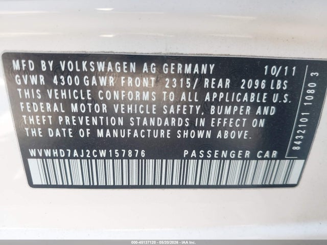 45137120 :رقم المزاد ، WVWHD7AJ2CW157876 vin ، 2012 Volkswagen Gti 4-door مزاد بيع
