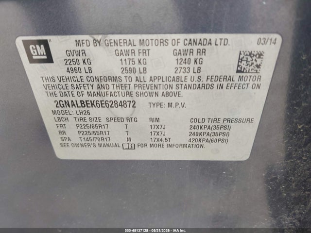 Продажа на аукционе авто 2014 Chevrolet Equinox 1lt, vin: 2GNALBEK6E6284872, номер лота: 45137128