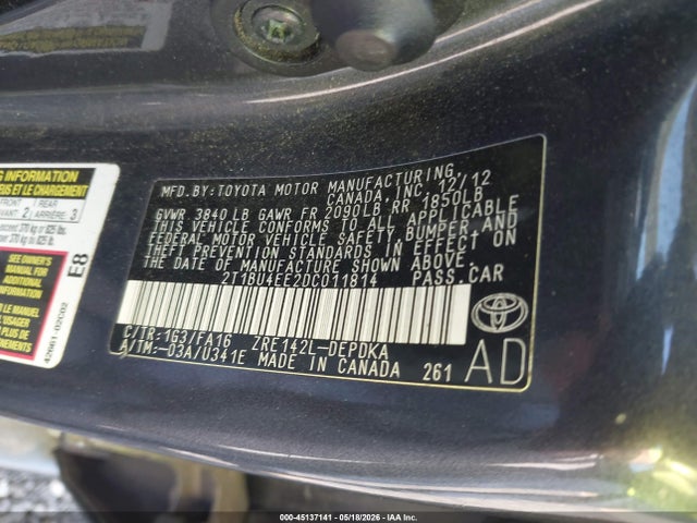 Aukcja sprzedaży 2013 Toyota Corolla L, vin: 2T1BU4EE2DC011814, numer aukcji: 45137141