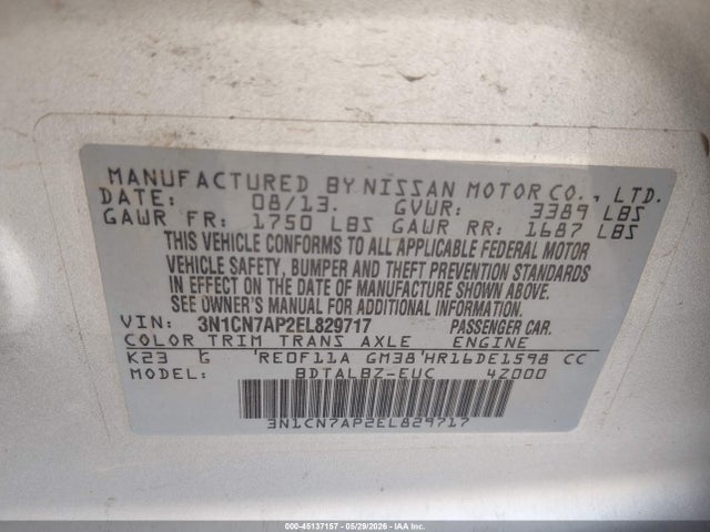 Продаж на аукціоні авто 2014 Nissan Versa 1.6 Sv, vin: 3N1CN7AP2EL829717, номер лоту: 45137157