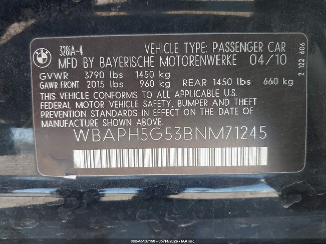 2011 Bmw 328i მანქანა იყიდება აუქციონზე, vin: WBAPH5G53BNM71245, აუქციონის ნომერი: 45137158
