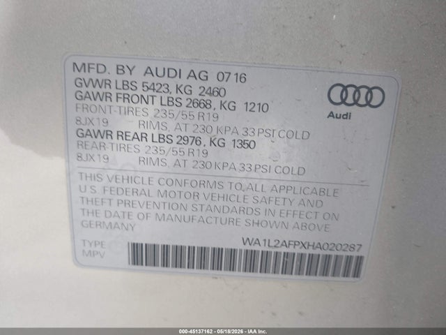 Aukcja sprzedaży 2017 Audi Q5 2.0t Premium, vin: WA1L2AFPXHA020287, numer aukcji: 45137162