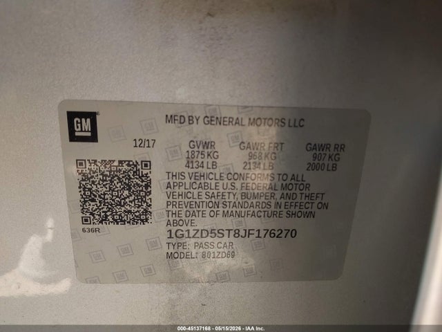 2018 Chevrolet Malibu Lt მანქანა იყიდება აუქციონზე, vin: 1G1ZD5ST8JF176270, აუქციონის ნომერი: 45137168