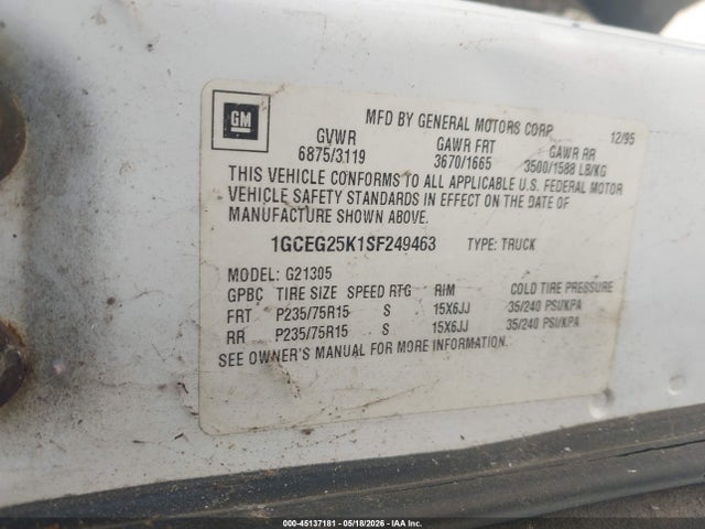 Aukcja sprzedaży 1995 Chevrolet G20, vin: 1GCEG25K1SF249463, numer aukcji: 45137181