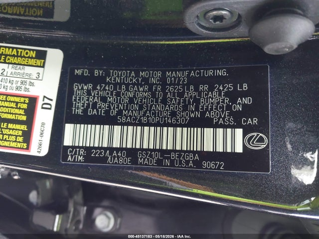 Продаж на аукціоні авто 2023 Lexus Es 350, vin: 58ACZ1B10PU146307, номер лоту: 45137183