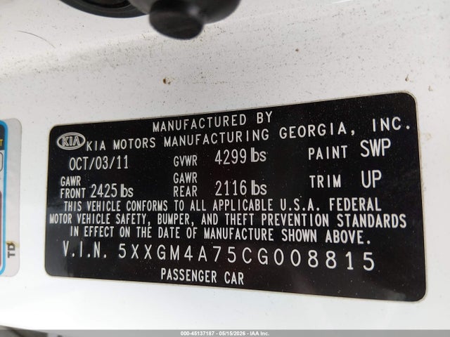 45137187 :رقم المزاد ، 5XXGM4A75CG008815 vin ، 2012 Kia Optima Lx مزاد بيع