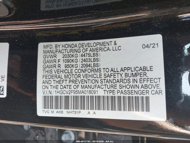 Продаж на аукціоні авто 2021 Honda Accord Touring, vin: 1HGCV2F95MA018091, номер лоту: 45137191