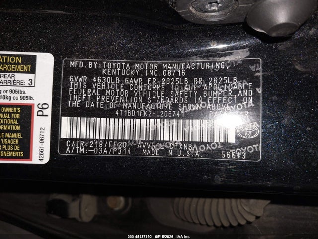 Aukcja sprzedaży 2017 Toyota Camry Hybrid Le, vin: 4T1BD1FK2HU206741, numer aukcji: 45137192