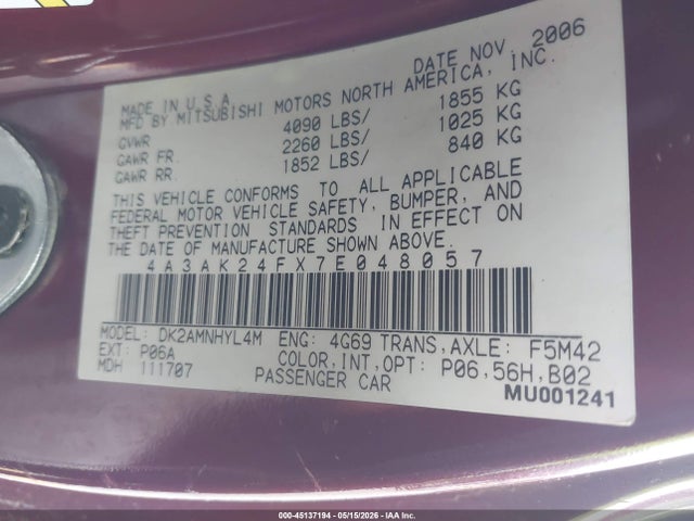 Aukcja sprzedaży 2007 Mitsubishi Eclipse Gs, vin: 4A3AK24FX7E048057, numer aukcji: 45137194