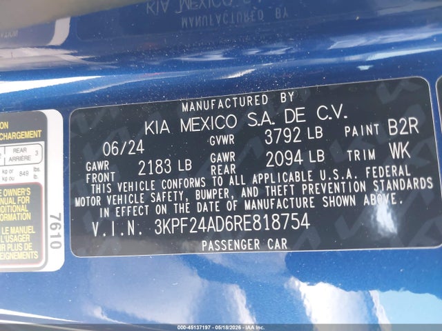 Aukcja sprzedaży 2024 Kia Forte Lxs, vin: 3KPF24AD6RE818754, numer aukcji: 45137197