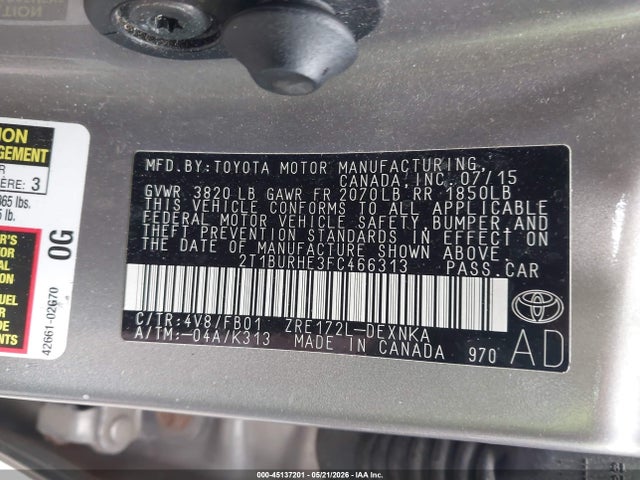 2015 Toyota Corolla Le მანქანა იყიდება აუქციონზე, vin: 2T1BURHE3FC466313, აუქციონის ნომერი: 45137201