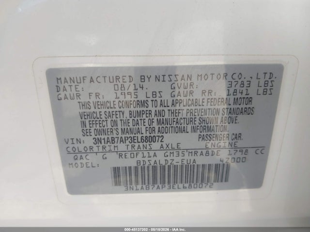 2014 Nissan Sentra Fe+ S/fe+ Sv/s/sl/sr/sv მანქანა იყიდება აუქციონზე, vin: 3N1AB7AP3EL680072, აუქციონის ნომერი: 45137202