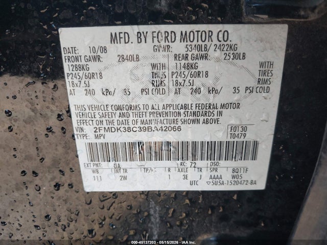 Aukcja sprzedaży 2009 Ford Edge Sel, vin: 2FMDK38C39BA42066, numer aukcji: 45137203