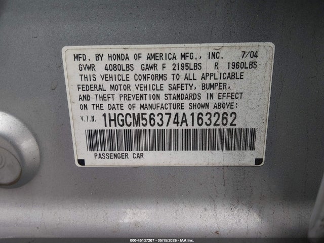 Продаж на аукціоні авто 2004 Honda Accord 2.4 Lx, vin: 1HGCM56374A163262, номер лоту: 45137207