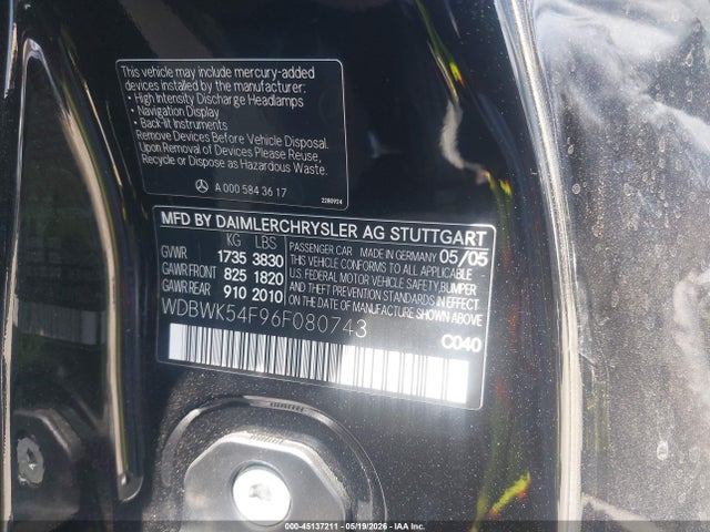 45137211 :رقم المزاد ، WDBWK54F96F080743 vin ، 2006 Mercedes-benz Slk 280 مزاد بيع