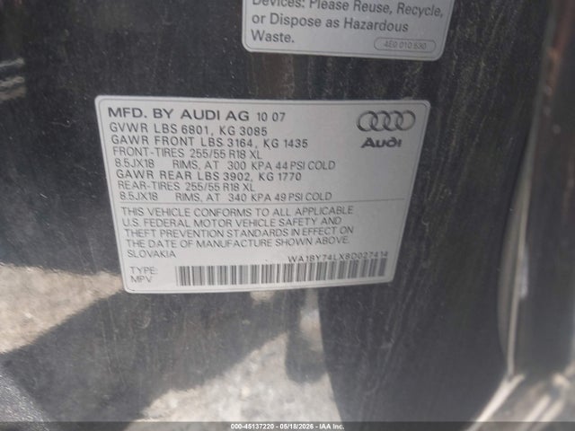 Продаж на аукціоні авто 2008 Audi Q7 3.6 Premium, vin: WA1BY74LX8D027414, номер лоту: 45137220