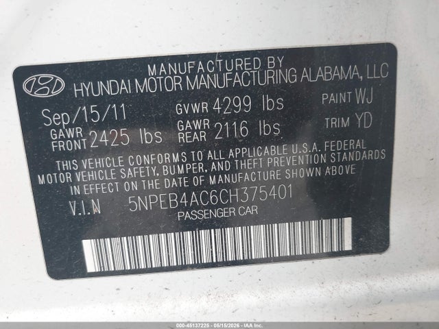 Aukcja sprzedaży 2012 Hyundai Sonata Gls, vin: 5NPEB4AC6CH375401, numer aukcji: 45137225