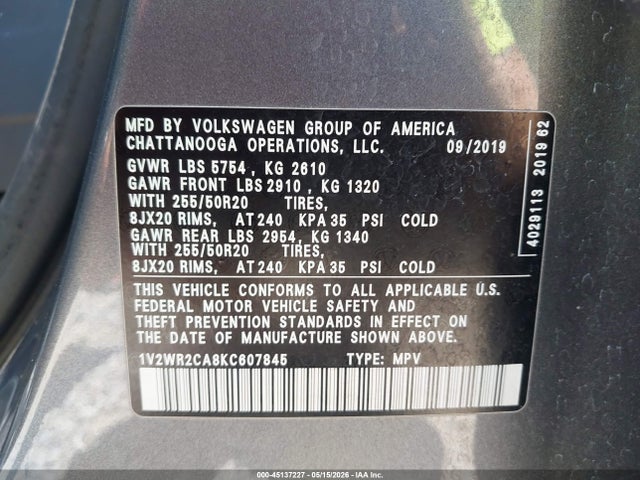 1V2WR2CA8KC607845 Volkswagen ATLAS SE