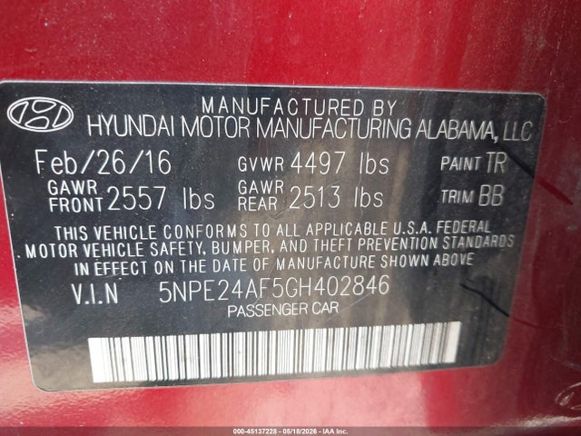 2016 Hyundai Sonata Se მანქანა იყიდება აუქციონზე, vin: 5NPE24AF5GH402846, აუქციონის ნომერი: 45137228
