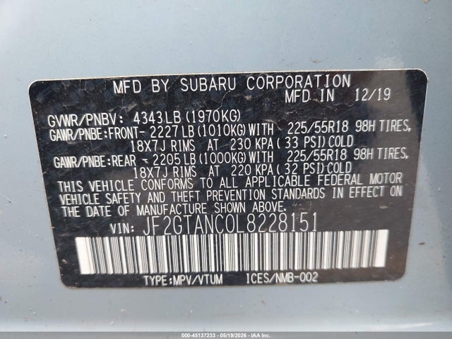 45137233 :رقم المزاد ، JF2GTANC0L8228151 vin ، 2020 Subaru Crosstrek Limited مزاد بيع
