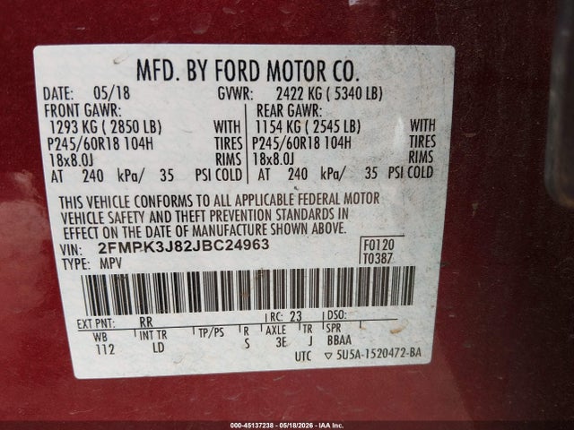 45137238 :رقم المزاد ، 2FMPK3J82JBC24963 vin ، 2018 Ford Edge Sel مزاد بيع