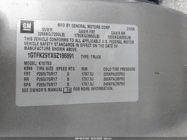 Aukcja sprzedaży 2009 Gmc Sierra 1500 Sle, vin: 1GTFK29YX9Z186891, numer aukcji: 45137242